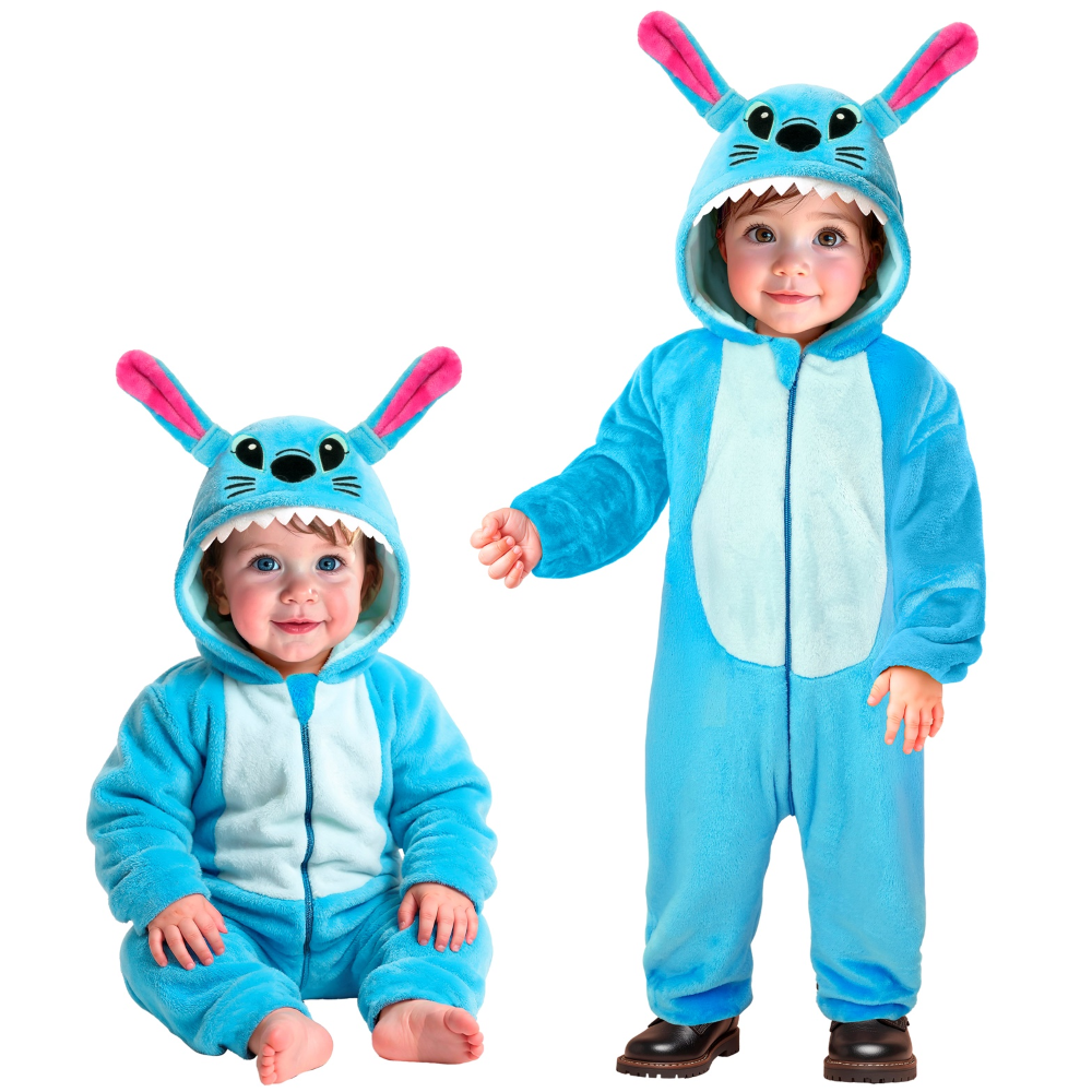 Costume Mostro Stitch in Morbido Velluto Tuta con Cappuccio Travestimento Carnevale Cosplay Feste in Maschera - 9542