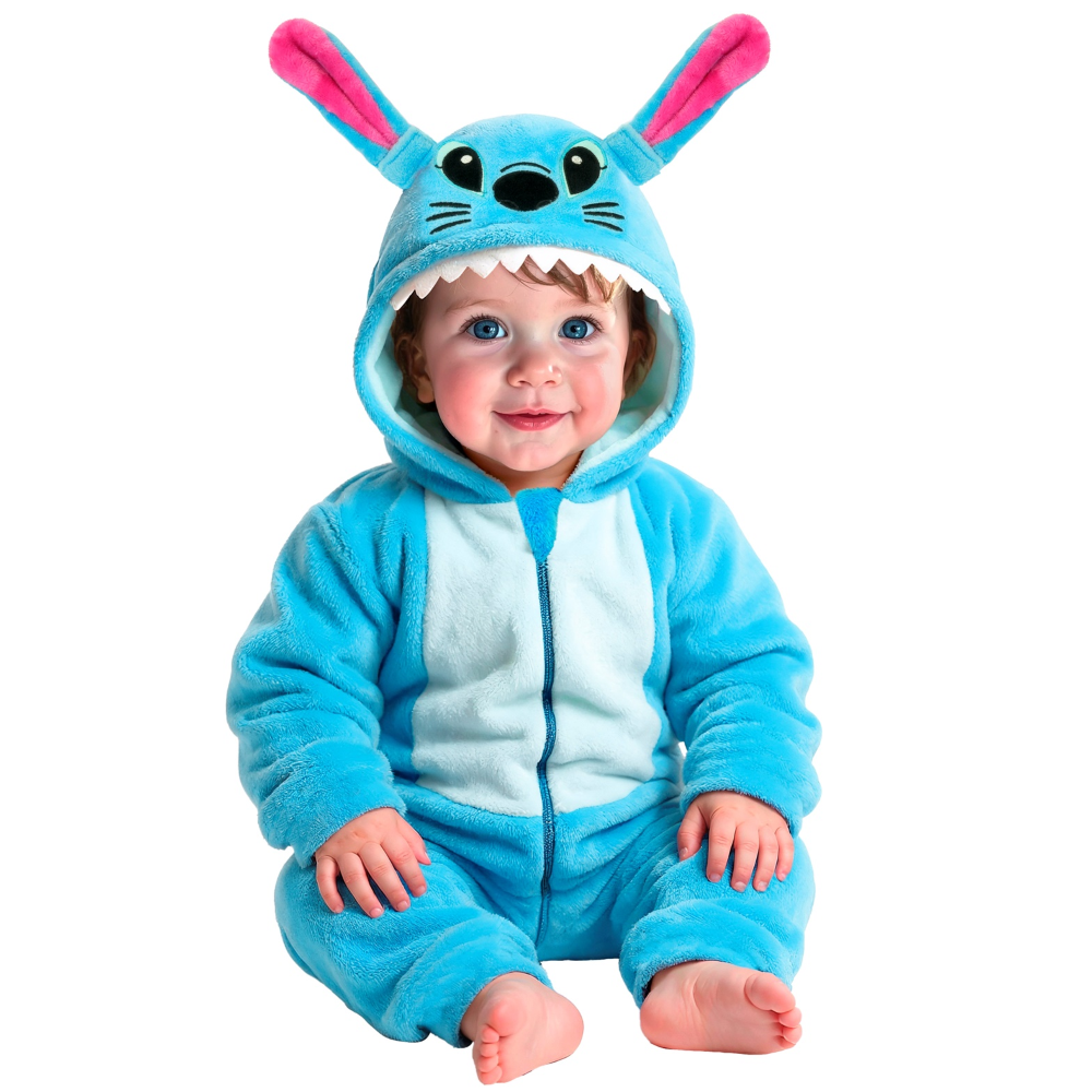 Costume Mostro Stitch in Morbido Velluto Tuta con Cappuccio Travestimento Carnevale Cosplay Feste in Maschera - 9542