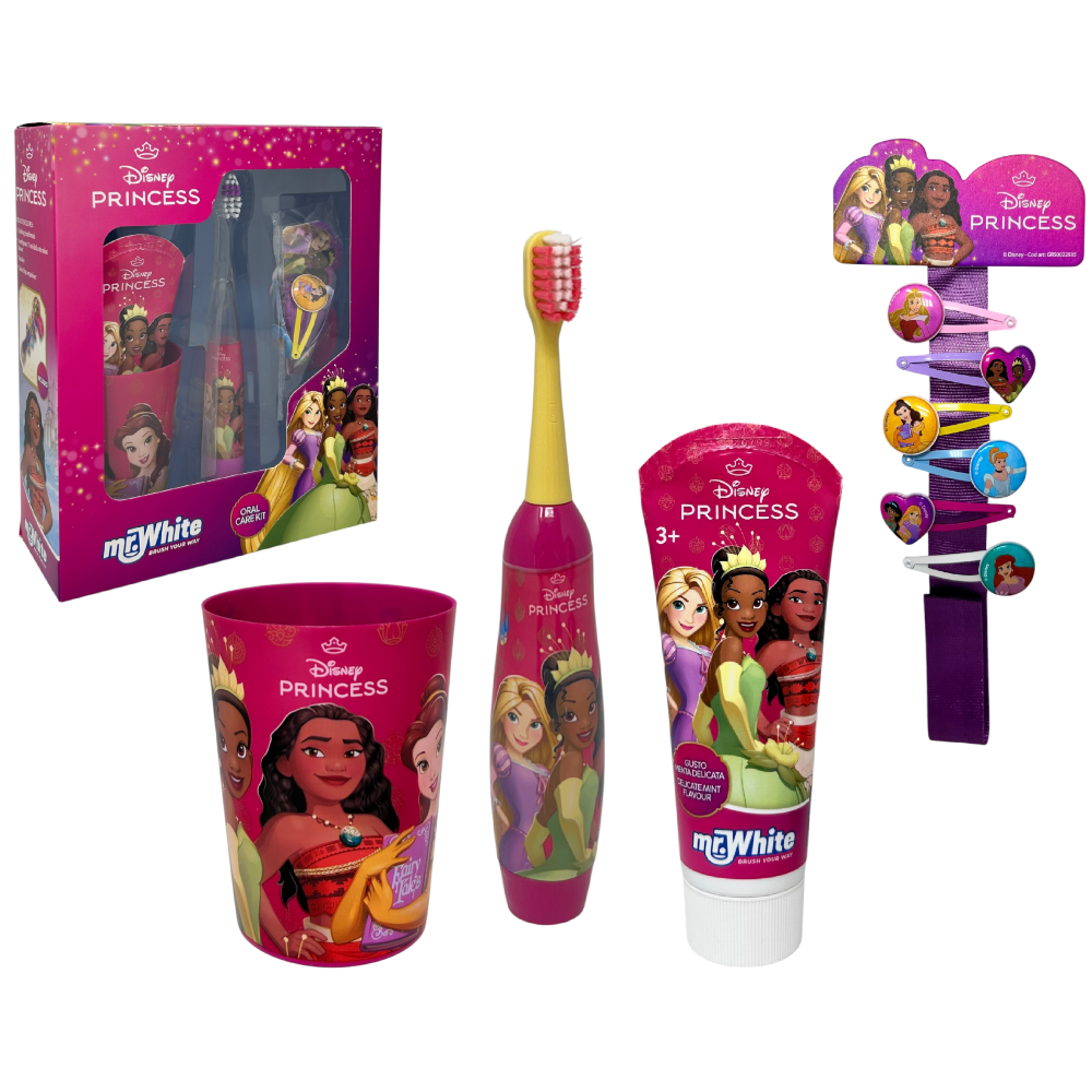 Set Accessori Cura Igiene Orale Principesse 4 Pezzi Spazzolino Elettrico per Bambini- Rbgs055