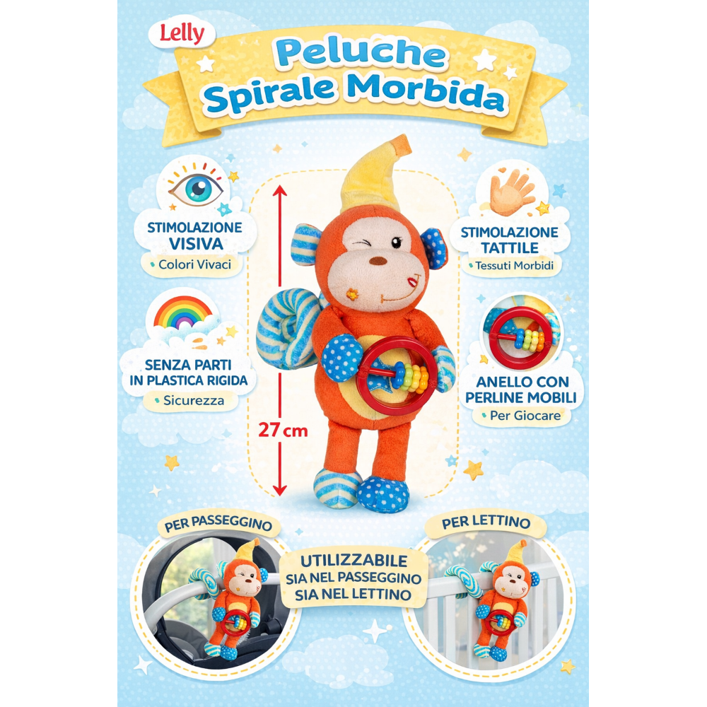 Peluche Scimmia Activity Femminuccia con Giochi per Carrozzina Cm.27 Venturelli - 785104