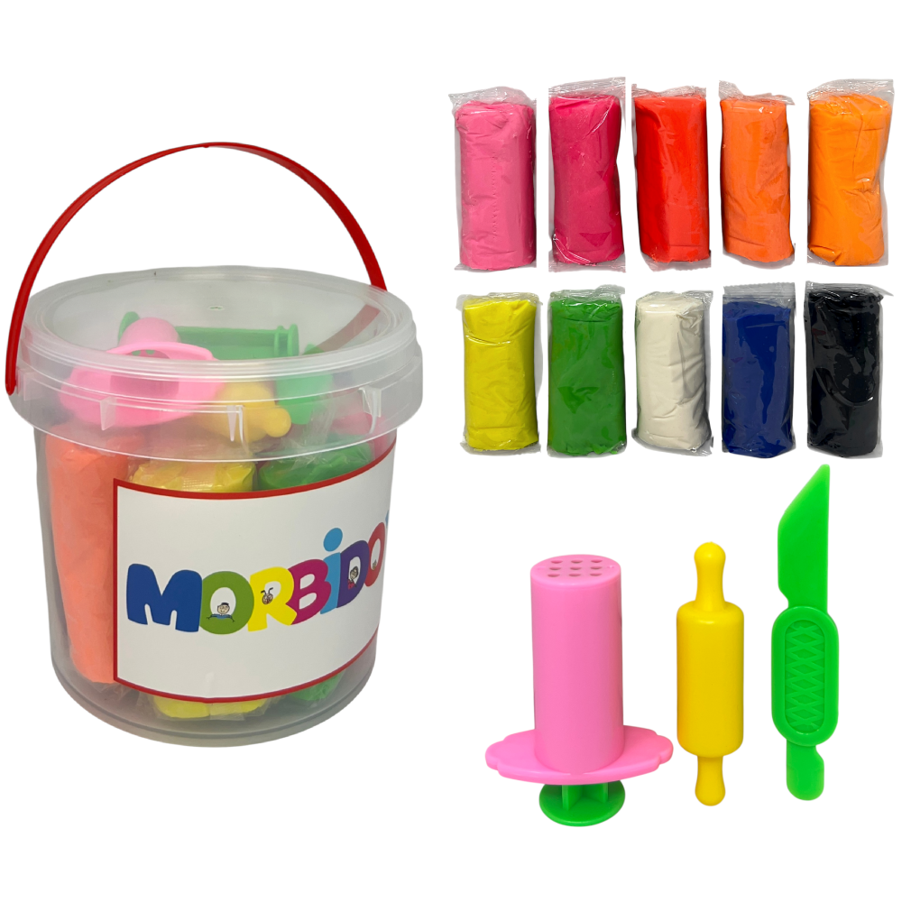 Set Plastilina con Secchiello 10 Pezzi in Bustine da 100 Gr 3 Accessori Gioco Bambino - 5285