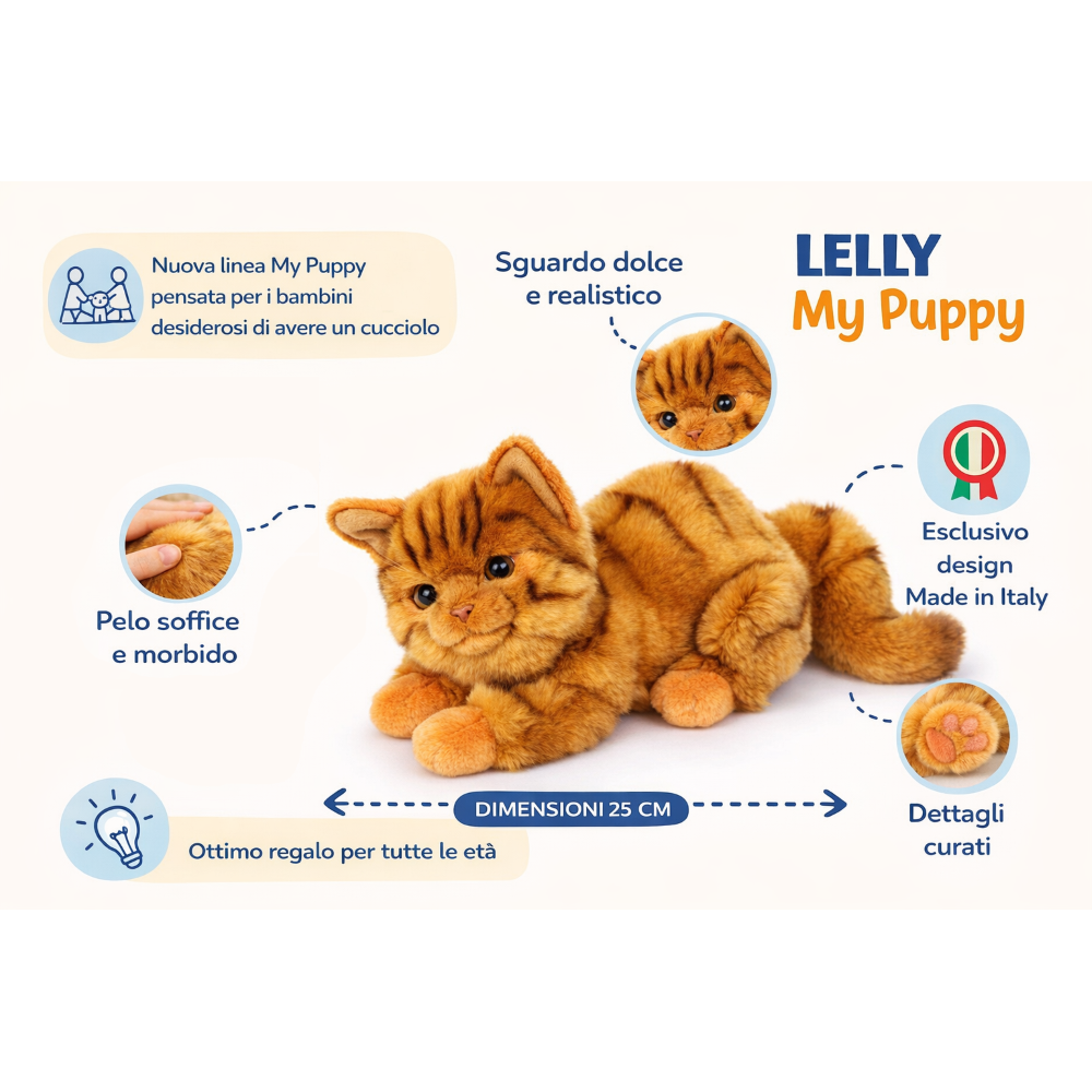 Peluche Gatto Milu CM 25 Pupazzo Gatto Arancione per Bambini Lelly - 631904