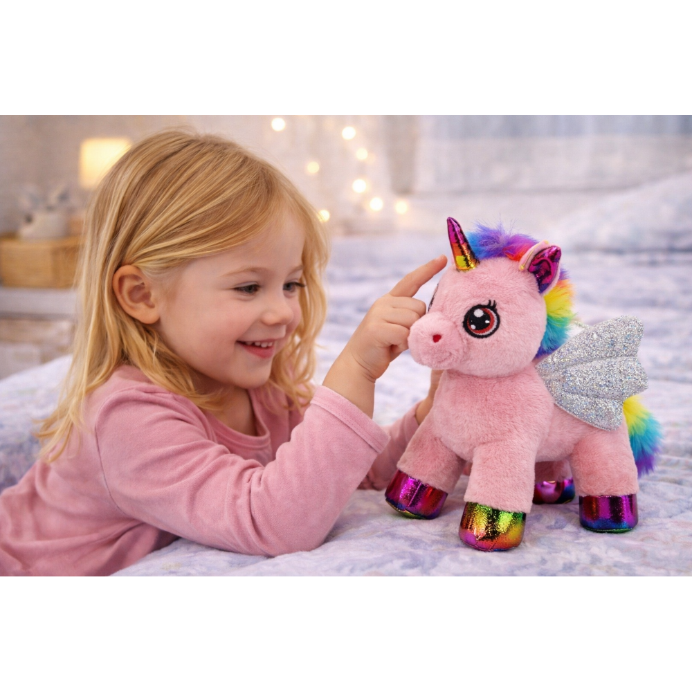 Peluche Unicorno Rosa CM 25 Pupazzo per Bambini con Dettagli Glitterati Lelly - 721012