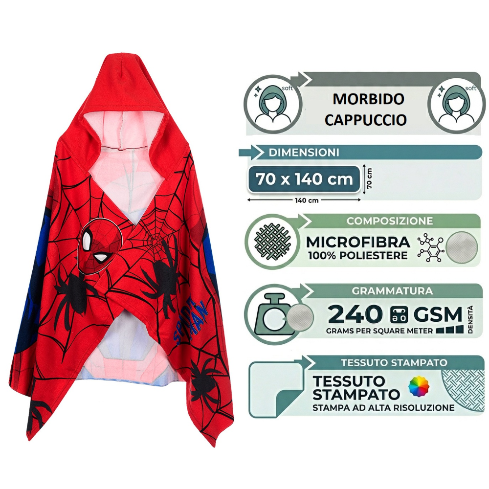 Mantella Mare Spiderman MARVEL Telo con Cappuccio 70x140 CM in Microfibra Bagno Piscina Spiaggia - Ez18217