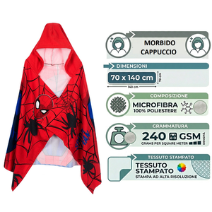Mantella Mare Spiderman MARVEL Telo con Cappuccio 70x140 CM in Microfibra Bagno Piscina Spiaggia - Ez18217
