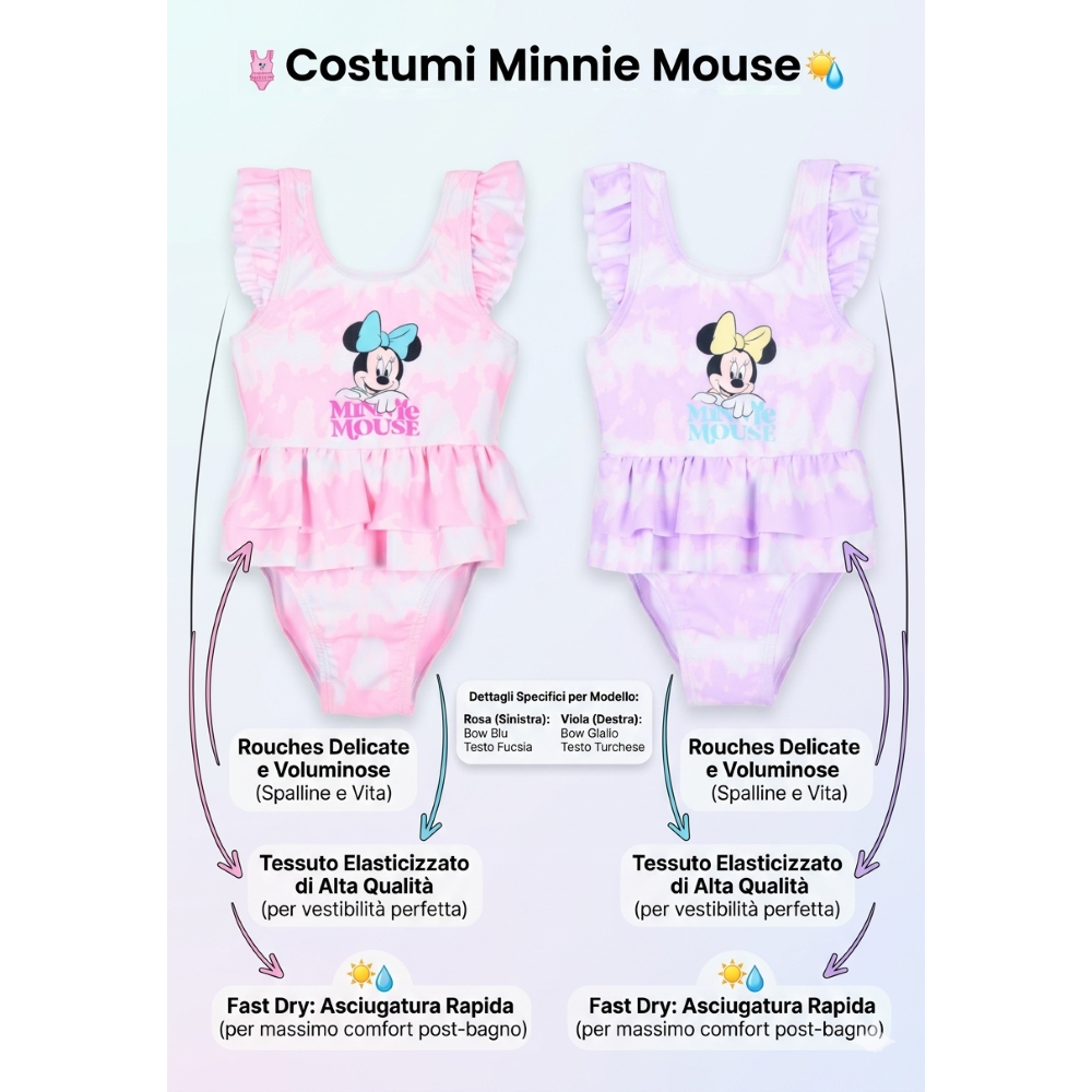 Costume da Bagno Minnie Mouse DISNEY Intero Tie-Dye 1 Pezzo Mare Piscina Neonata - Ez05005lilla