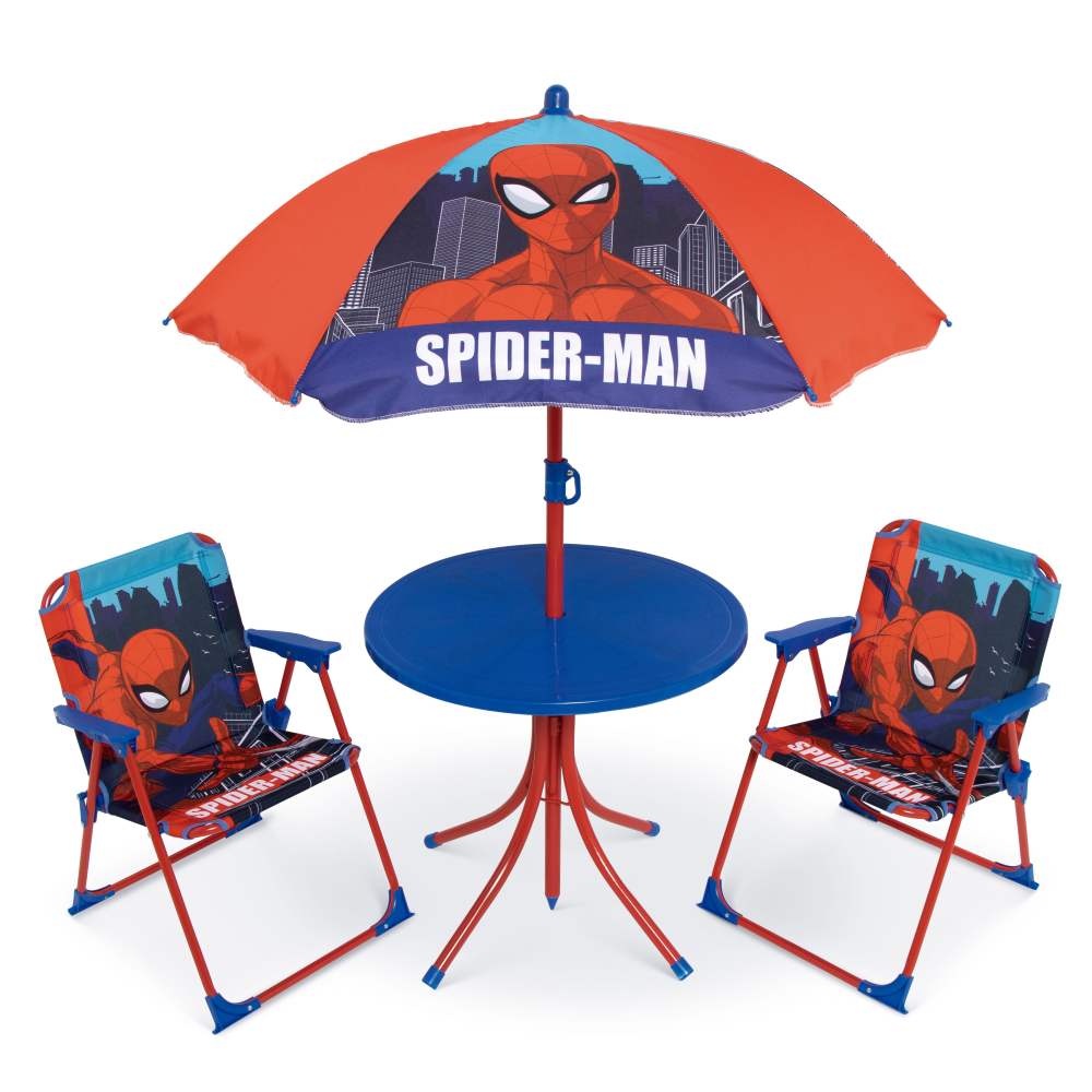 Set da Giardino Spiderman Tavolino Ombrellone e Sedie Pieghevoli per Mare e Giardino 100% Poliestere- 86630