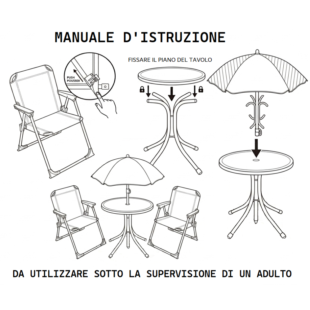Set da Giardino Topolino Tavolino Ombrellone e Sedie Pieghevoli per Mare e Giardino 100% Poliestere- 86632