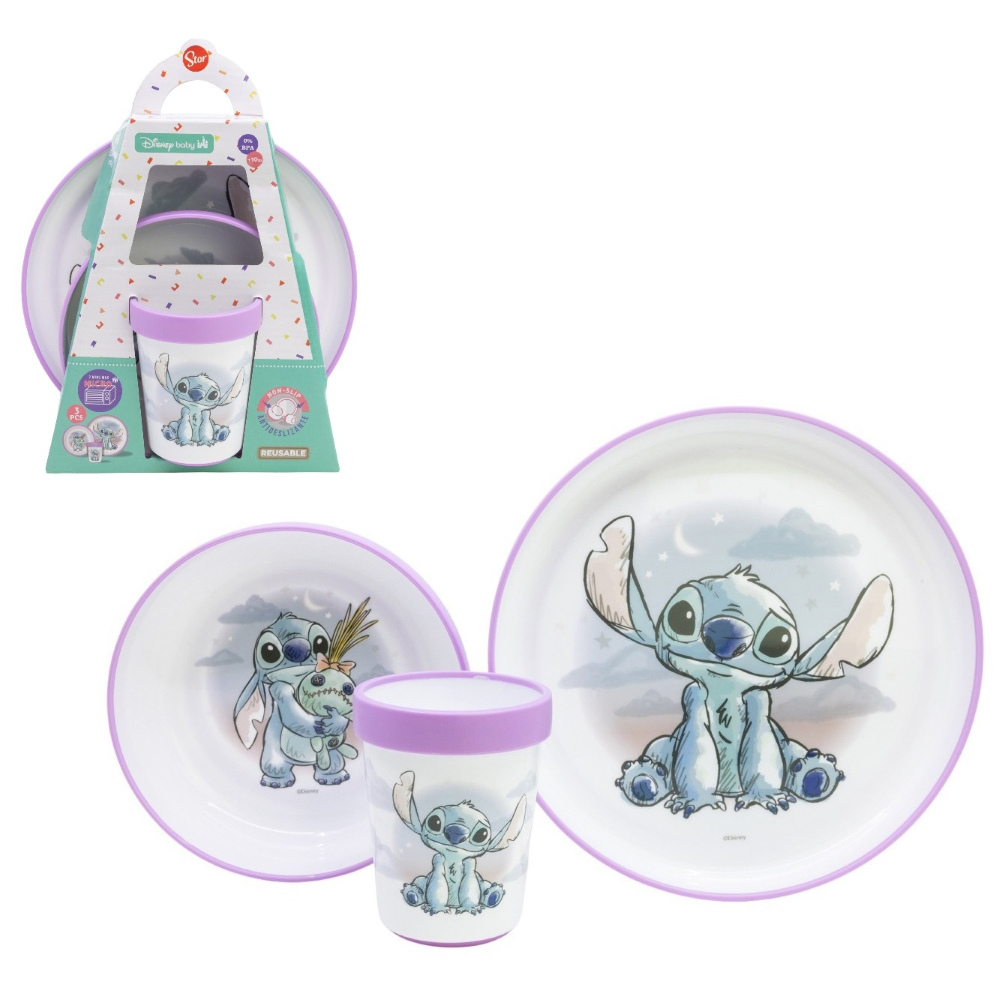 Set Pappa Stitch DISNEY 3 Pezzi Stoviglie in Plastica con Silicone Antiscivolo Adatta Al Microonde- 86665