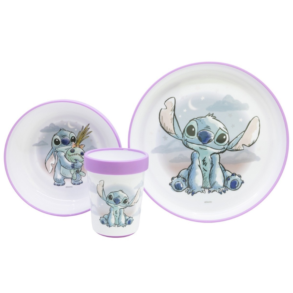 Set Pappa Stitch DISNEY 3 Pezzi Stoviglie in Plastica con Silicone Antiscivolo Adatta Al Microonde- 86665