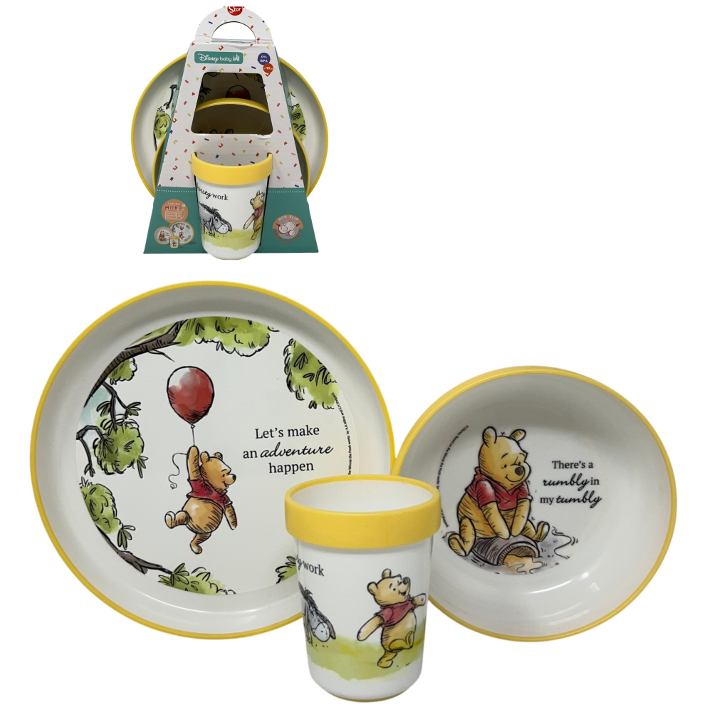 Set Pappa Winnie the Pooh DISNEY 3 Pezzi Stoviglie in Plastica con Silicone Antiscivolo Adatta Al Microonde- 86666