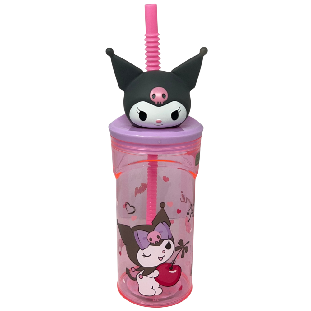 Bicchiere con Cannuccia Kuromi Sanrio Personaggio 3d 360 Ml Bpa Free - 86694