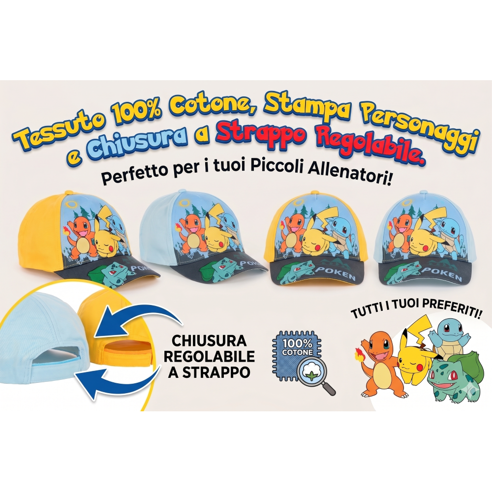Cappello Pikachu Pokémon con Visiera Berretto Estivo Regolabile Bambino - Ez40006celeste