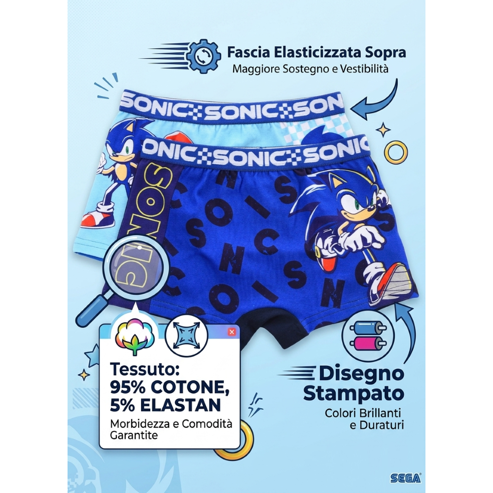 Boxer Set 2 Pezzi Sonic Mutande in Cotone 4/10 Anni - Ez30034/1