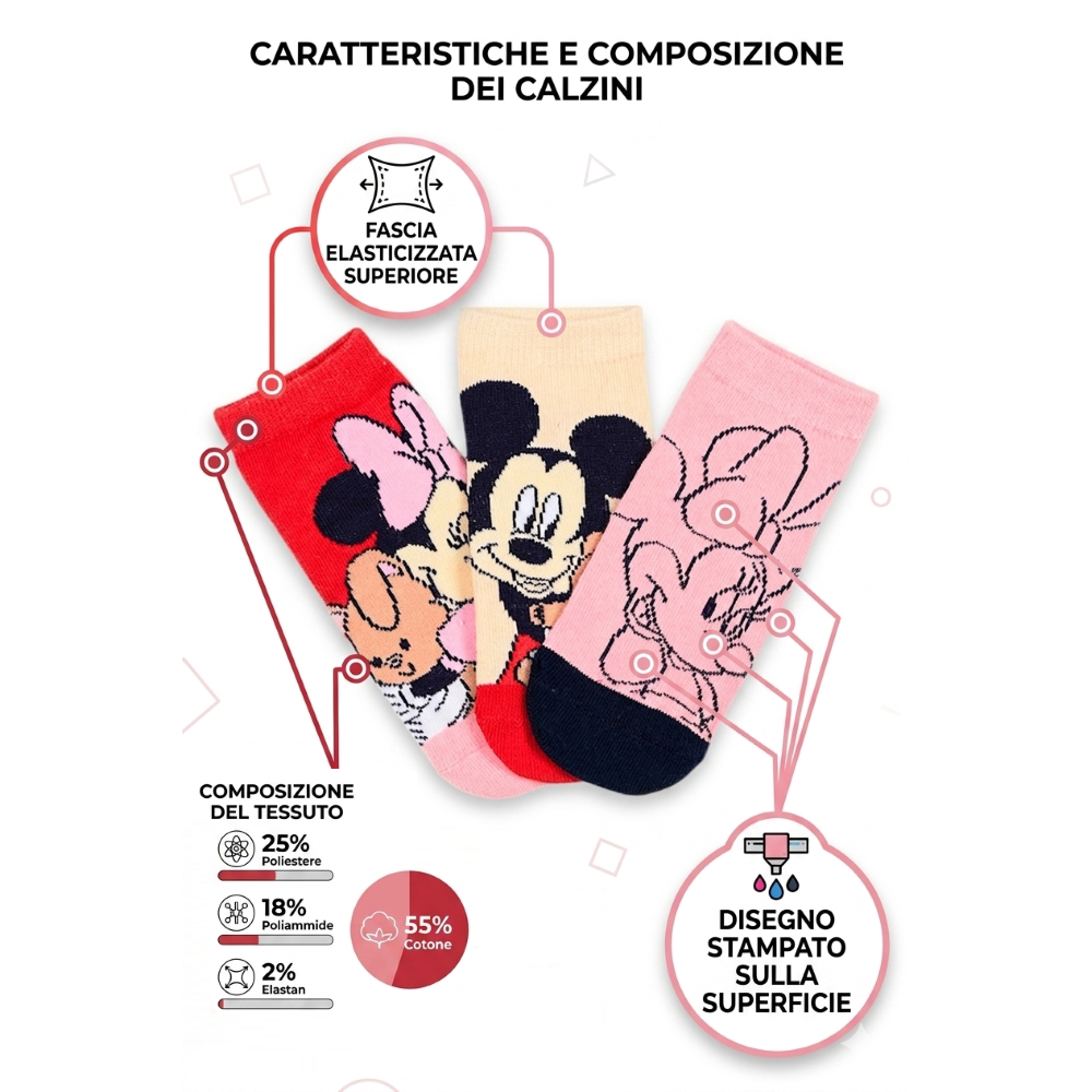 Calzini Minnie DISNEY in Misto Cotone 3 Paia Assortiti 23/34 - Ez06023/2