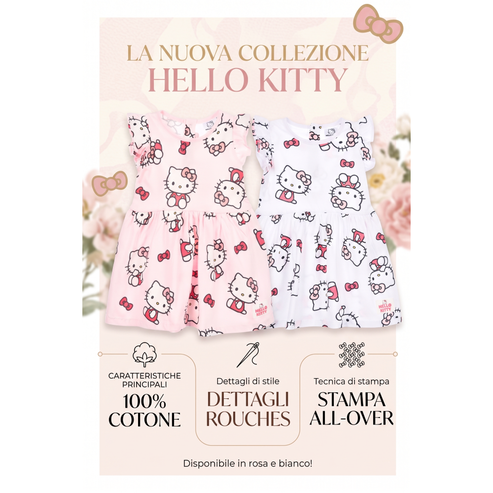 Abito Hello Kitty Sanrio Smanicato Neonata Vestitino Scamiciata in Cotone - Ez00016rosa