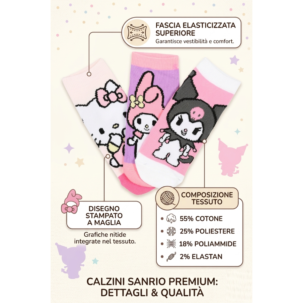 Calzini Hello Kitty Sanrio in Misto Cotone 3 Paia Assortiti 23/34 - Ez06011/1