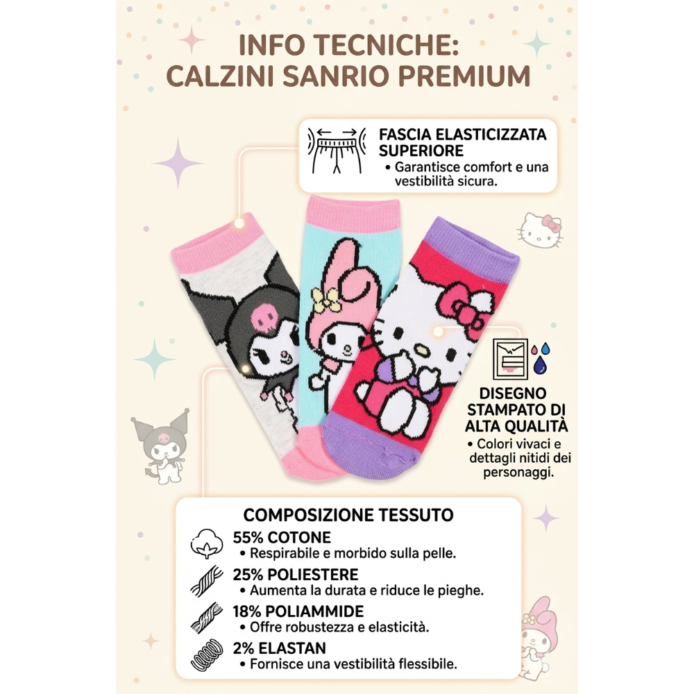 Calzini Hello Kitty Sanrio in Misto Cotone 3 Paia Assortiti 23/34 - Ez06011/2