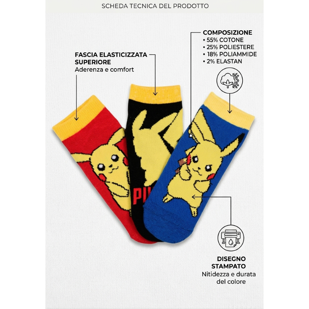 Calzini Pikachu Pokemonl in Misto Cotone 3 Paia Assortiti 27/37 - Ez06034/1