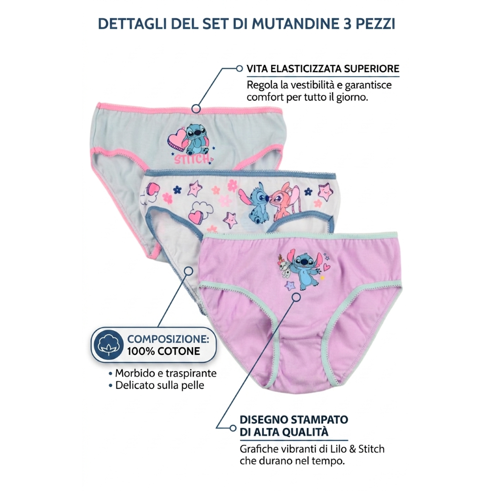 Mutandine Set 3 Pezzi Stitch DISNEY Slip in Cotone in Scatola 3/8 Anni- Ez30052