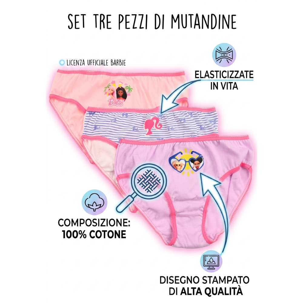 Mutandine Set 3 Pezzi Barbie Mattel Slip in Cotone in Scatola 4/10 Anni- Ez30006