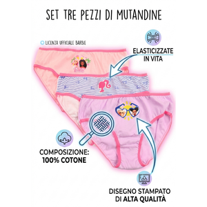 Mutandine Set 3 Pezzi Barbie Mattel Slip in Cotone in Scatola 4/10 Anni- Ez30006