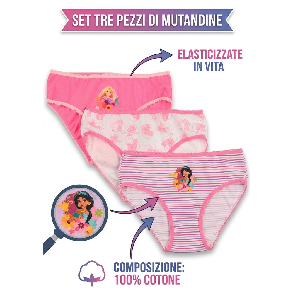 Mutandine Set 3 Pezzi Principesse DISNEY Slip in Cotone in Scatola 3/8 Anni- Ez30011