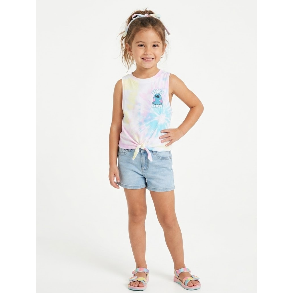 Canotta Stitch DISNEY Bambina Smanicata Tie-Dye con Nodo Frontale 100% Cotone - Ez10051bianco