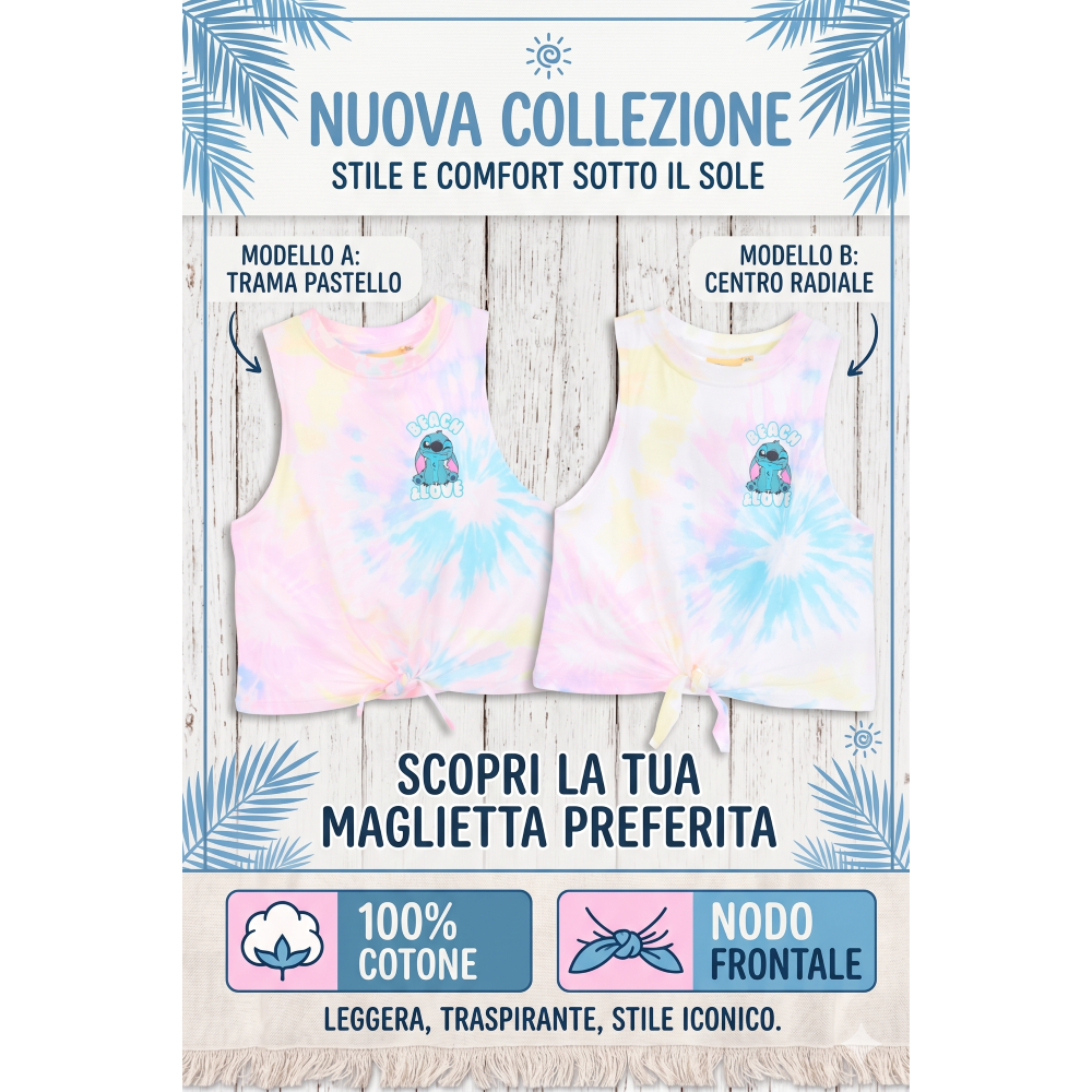 Canotta Stitch DISNEY Bambina Smanicata Tie-Dye con Nodo Frontale 100% Cotone - Ez10051bianco