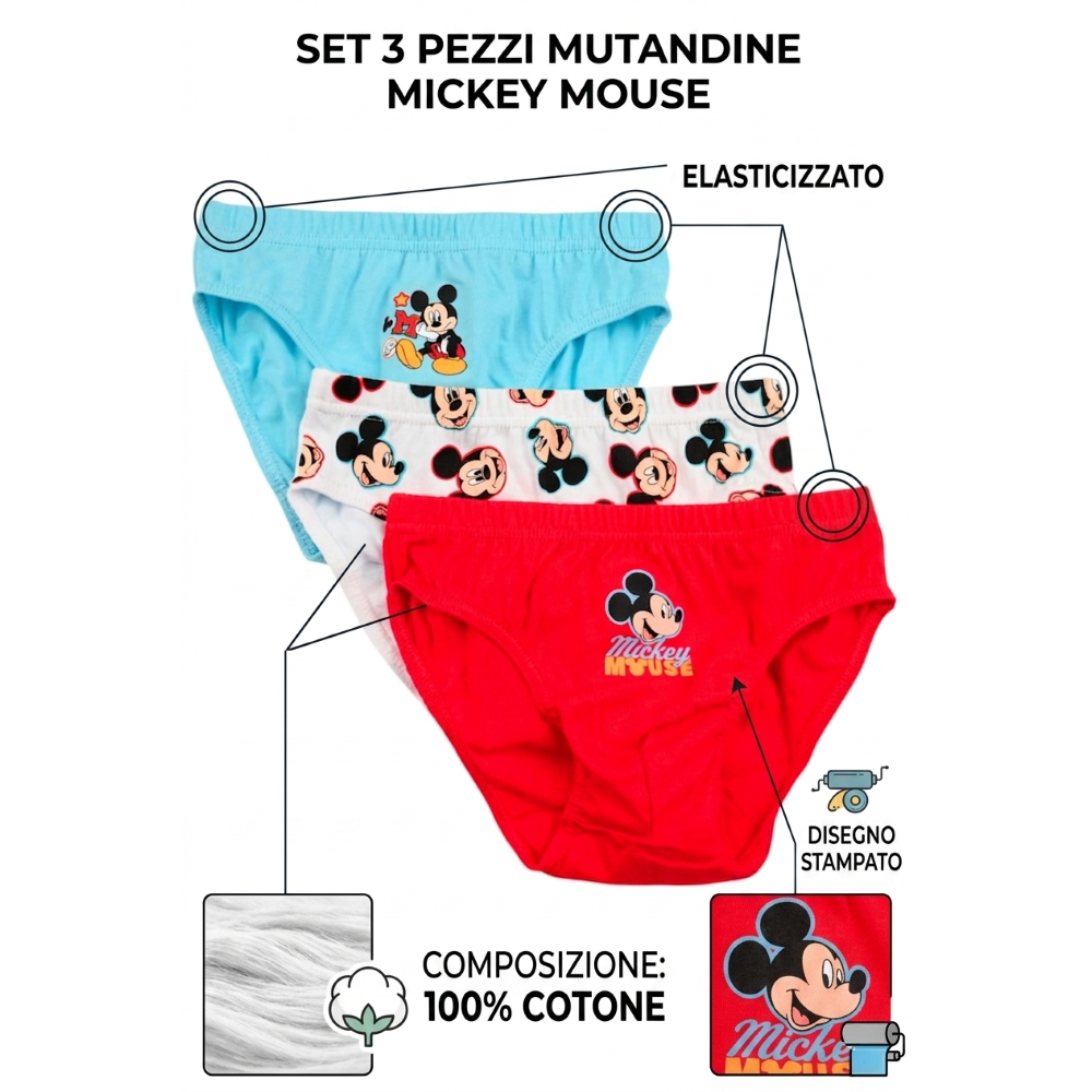 Mutandine Set 3 Pezzi Topolino DISNEY Slip in Cotone in Scatola 3/6 Anni- Ez30062
