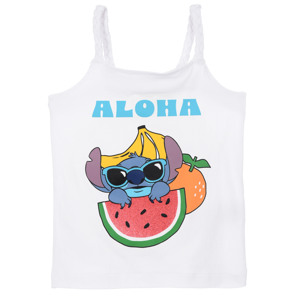 Canotta Stitch Aloha DISNEY Bambina con Spalline Incrociate 100% Cotone - Ez10052bianco