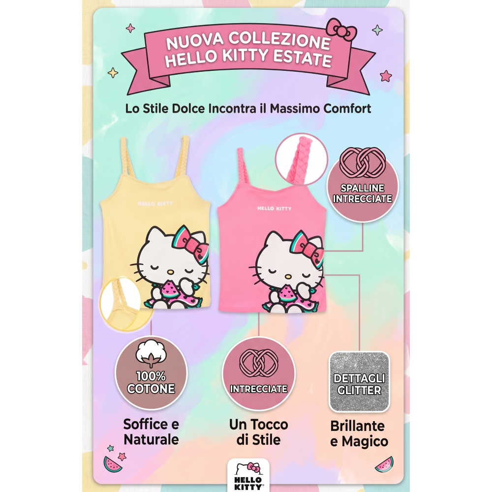 Canotta Hello Kitty Sanrio Bambina con Spalline Incrociate 100% Cotone - Ez10033giallo