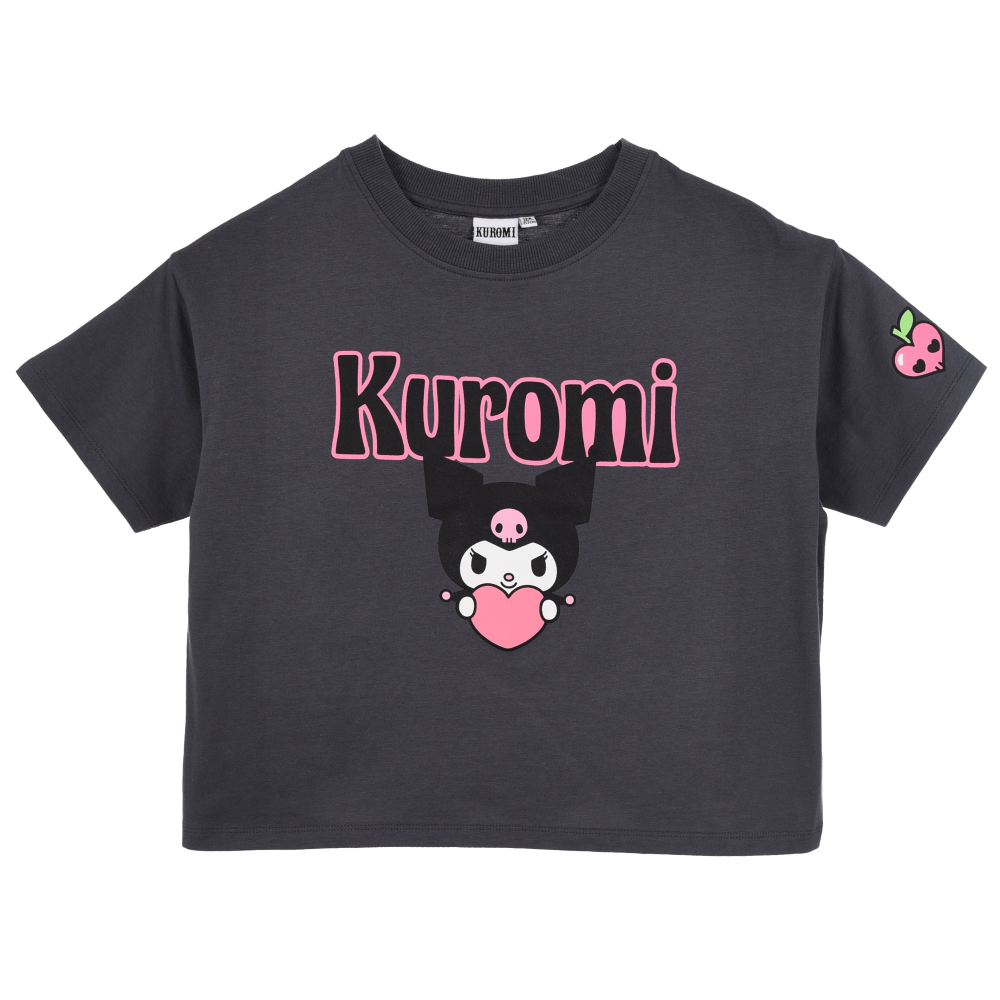 T-Shirt Crop Top Kuromi Sanrio Maglietta Maniche Corte 100% Cotone Ragazzina - Ez16024grigio