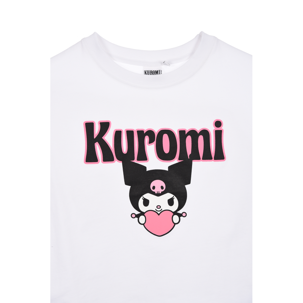 T-Shirt Crop Top Kuromi Sanrio Maglietta Maniche Corte 100% Cotone Ragazzina - Ez16024bianco