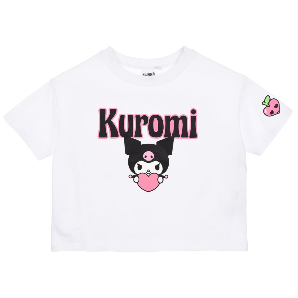 T-Shirt Crop Top Kuromi Sanrio Maglietta Maniche Corte 100% Cotone Ragazzina - Ez16024bianco