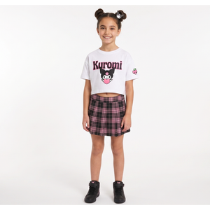 T-Shirt Crop Top Kuromi Sanrio Maglietta Maniche Corte 100% Cotone Ragazzina - Ez16024bianco
