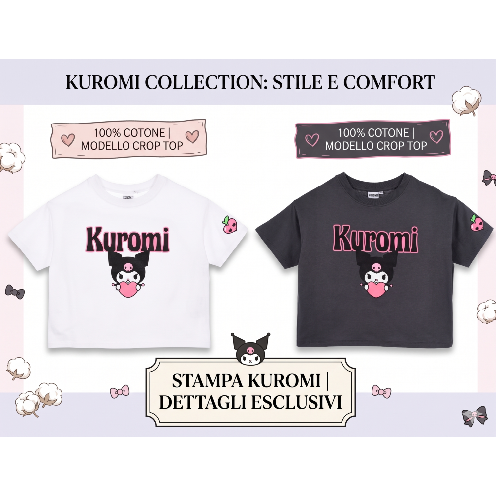T-Shirt Crop Top Kuromi Sanrio Maglietta Maniche Corte 100% Cotone Ragazzina - Ez16024bianco