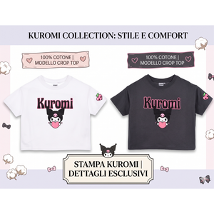 T-Shirt Crop Top Kuromi Sanrio Maglietta Maniche Corte 100% Cotone Ragazzina - Ez16024bianco