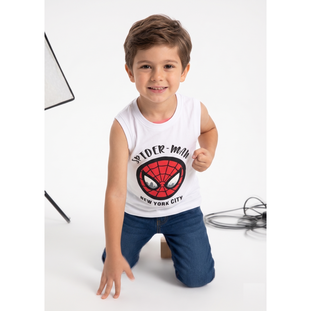 Canotta Spiderman MARVEL Bambino Smanicata 100% Cotone con Stampa Frontale - Ez10129bianco