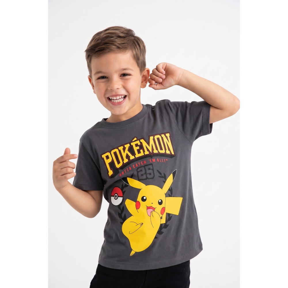 T-Shirt Pikachu Pokémon Maniche Corte Maglietta 100% Cotone Bambino - Ez10112grigio