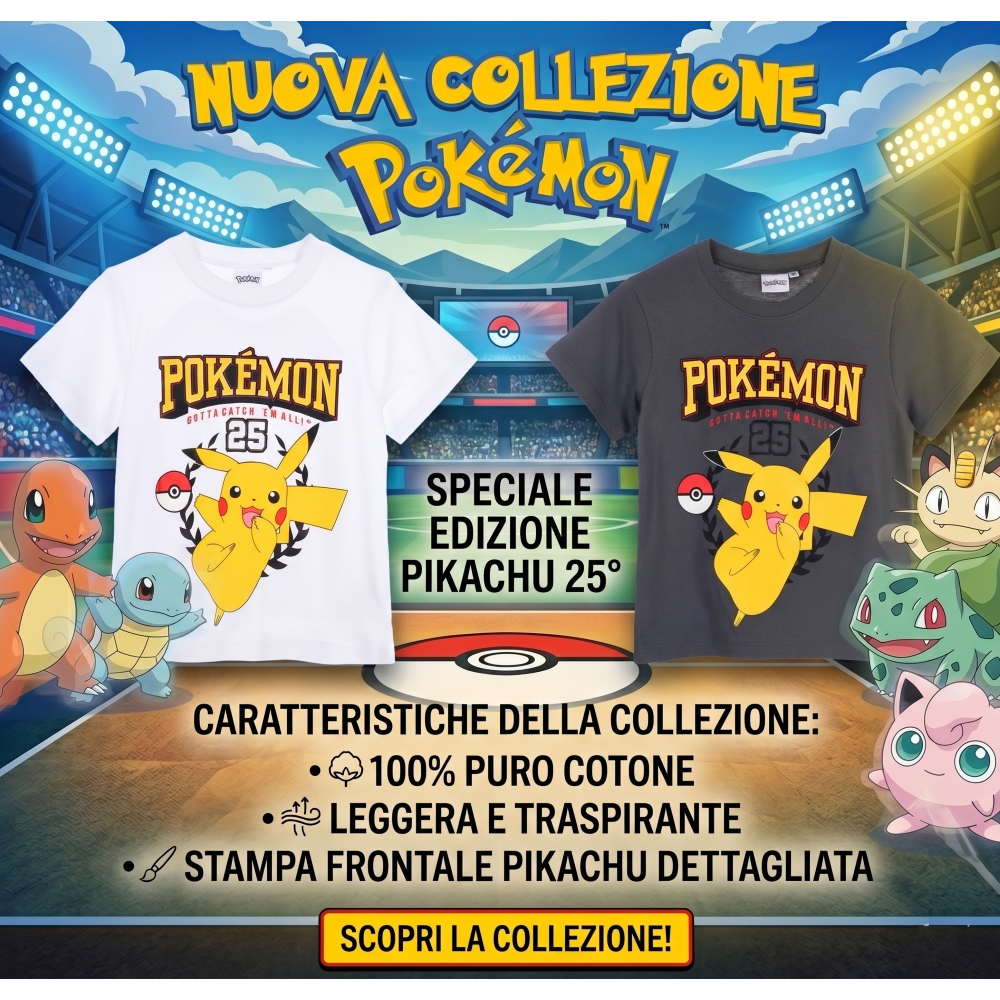 T-Shirt Pikachu Pokémon Maniche Corte Maglietta 100% Cotone Bambino - Ez10112grigio