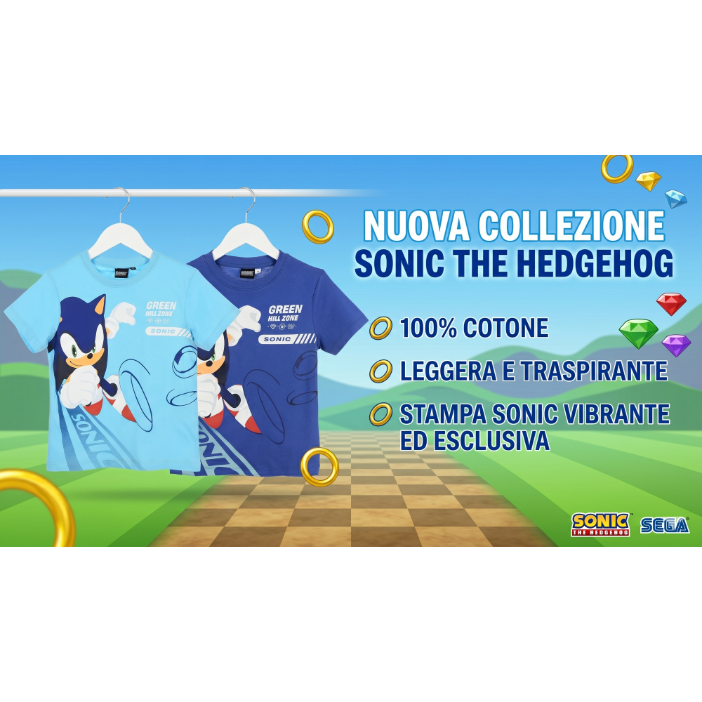 T-Shirt Sonic the Hedgehog Maniche Corte Maglietta 100% Cotone Bambino - Ez10143turchese