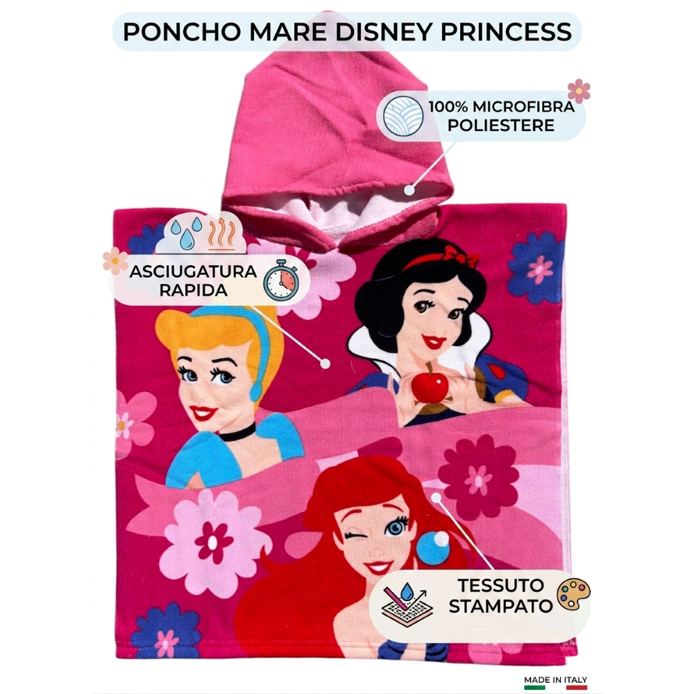 Poncho Mare Principesse DISNEY 100 X 50 CM Accappatoio per Bambini 100% Pl - Pri2096