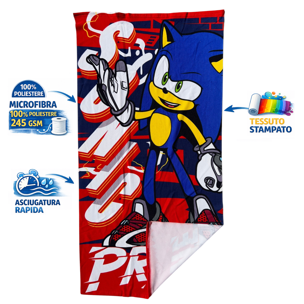 Telo Mare Sonic Asciugamano per Bambini in Microfibra CM 140x70 - Scp2103