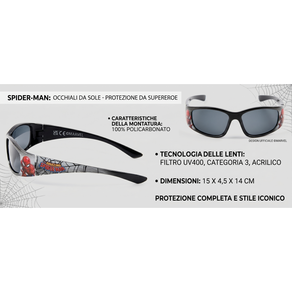 Occhiali da Sole Spiderman MARVEL Bambino Uv400 Filtro 3 Montatura in Policarbonato -  Ez25017