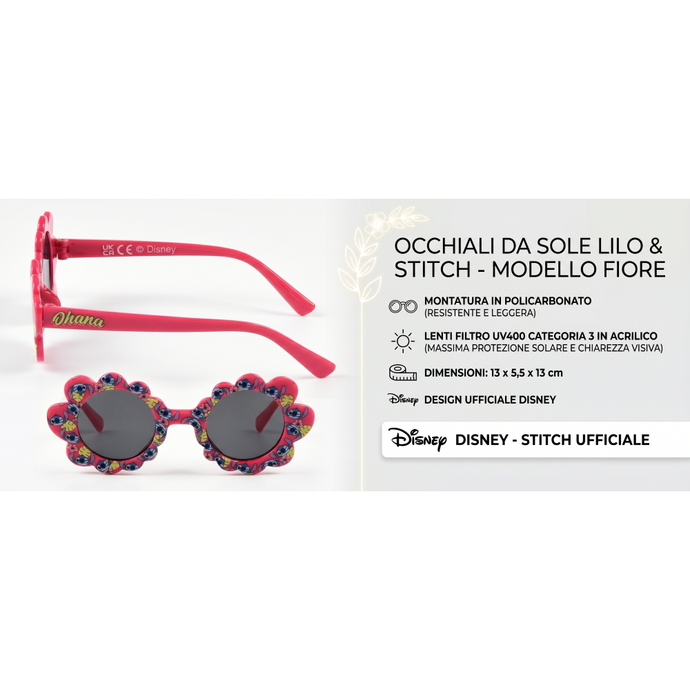 Occhiali da Sole Stitch DISNEY Bambina Uv400 Filtro 3 Montatura Fiore in Policarbonato - Ez25003