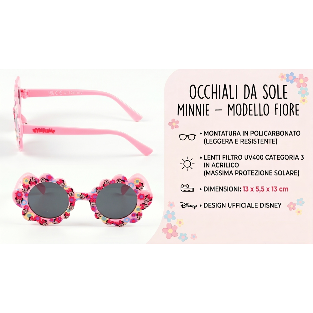 Occhiali da Sole Minnie DISNEY Bambina Uv400 Filtro 3 Montatura Fiore in Policarbonato - Ez25022