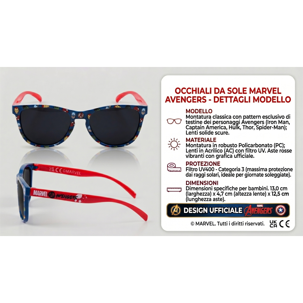 Occhiali da Sole Avengers MARVEL Bambino Filtro Uv400 Montatura in Policarbonato -  Ez25018