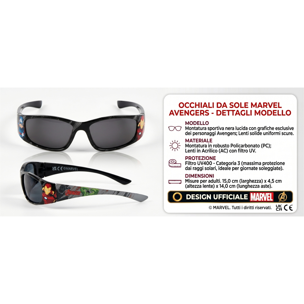 Occhiali da Sole MARVEL Avengers Bambino Filtro Uv400 Montatura in Policarbonato -  Ez25005