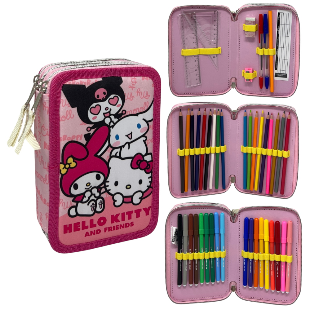 Astuccio Scuola Hello Kitty and Friends Sanrio Multiscomparto 3 Zip Portacolori Giotto - 5558